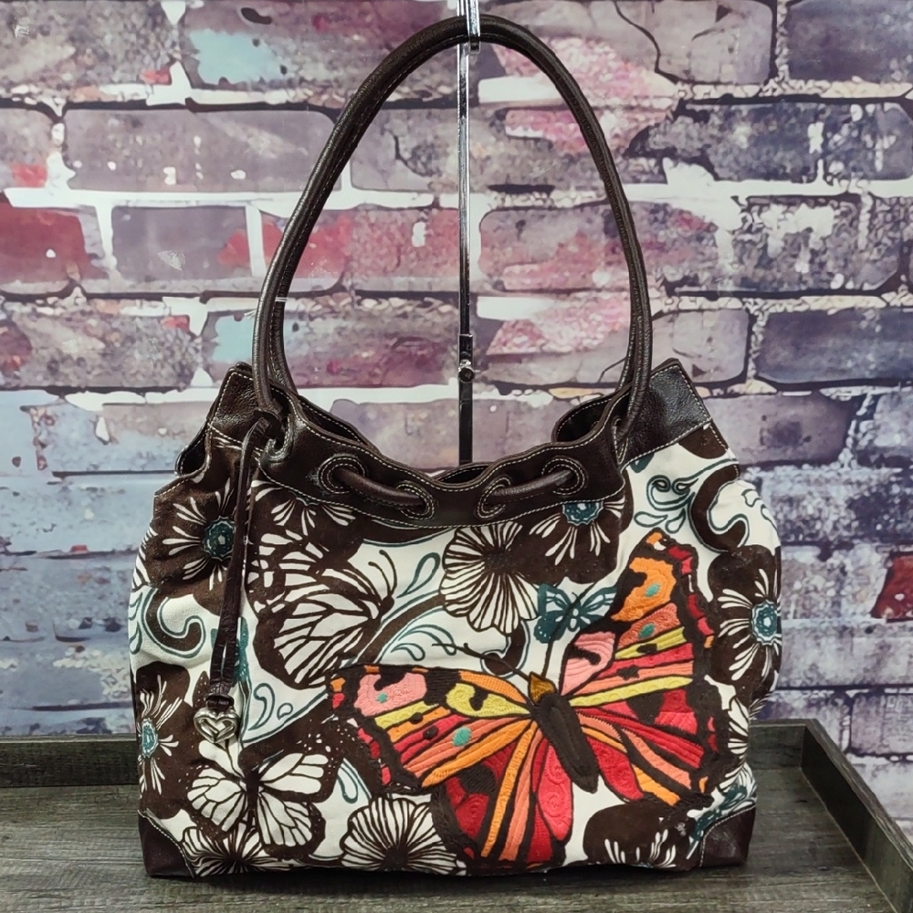 Brighton "Delia" Embroidered Butterfly Canvas/Leather Hobo Bag